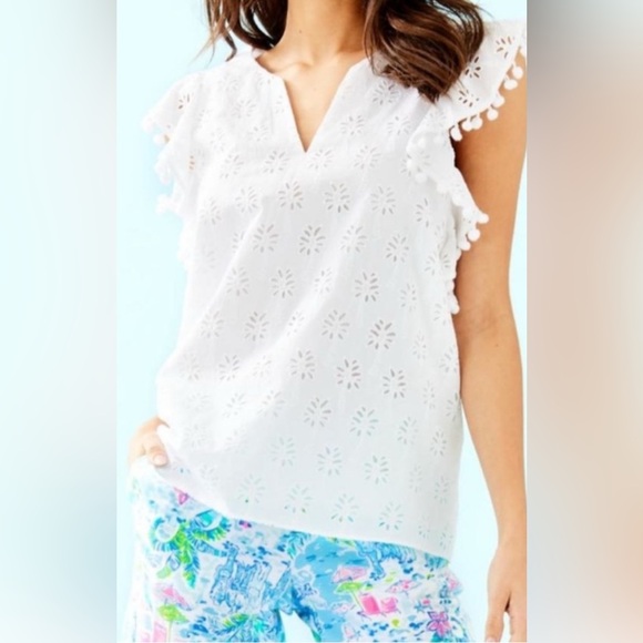 Lilly Pulitzer Womens Astara Top Resort White Leaf Eyelet Flutter Sleeve Poms L - Picture 1 of 11